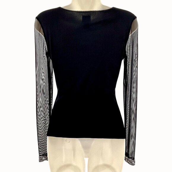 INC INTERNATIONAL CONCEPTS BLACK LONG SHEER SLEEVE RHINESTONE SEQUIN DETAIL TOP - Picture 4 of 6